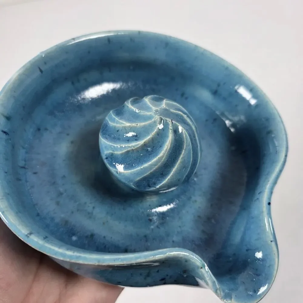 Vintage Artist Signed Pottery Orange Lemon Citrus Juicer Blue speckled